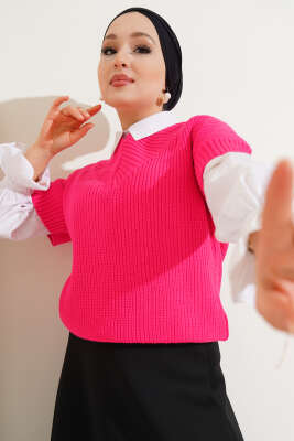 V Yaka Selanik Triko Süveter Fuşya - Triko