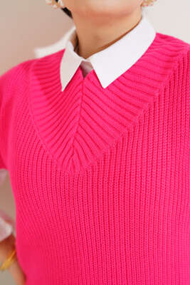 V Yaka Selanik Triko Süveter Fuşya - Triko