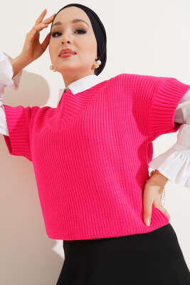 V Yaka Selanik Triko Süveter Fuşya - Triko