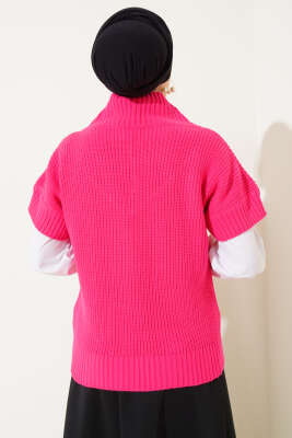 V Yaka Selanik Triko Süveter Fuşya - Triko