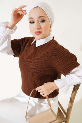 V Yaka Selanik Triko Süveter Kahve 