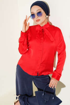 Yaka Bağlamalı Saten Gömlek Kırmızı - TİLLE