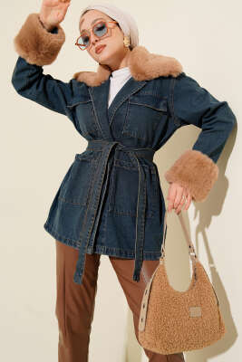 Yaka Bilek Kürklü Kot Ceket Kot