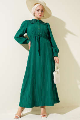 Yaka Dantelli Düğmeli Elbise Yeşil