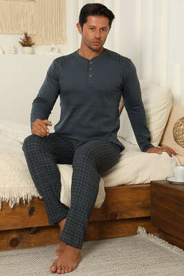 Yaka Düğmeli İnterlok Erkek Pijama Takımı Füme - Pijama