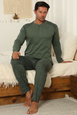 Yaka Düğmeli İnterlok Erkek Pijama Takımı Haki 