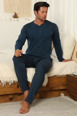 Yaka Düğmeli İnterlok Erkek Pijama Takımı İndigo 