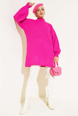 Yaka Fermuarlı Balon Kol Triko Tunik Fuşya - Yılın Fırsatı 