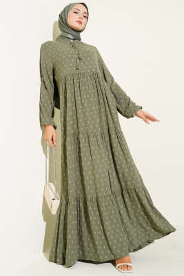 Yaka İpli Çapa Desenli Elbise Haki