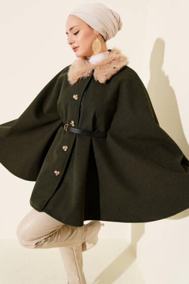 Yaka Kürklü Düğmeli Panço Haki - Panço