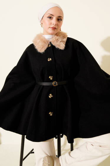 Yaka Kürklü Düğmeli Panço Siyah - Panço