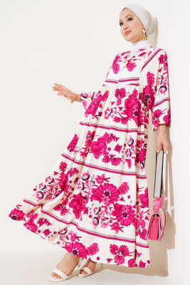 Yaka Püsküllü Desenli Elbise Mürdüm