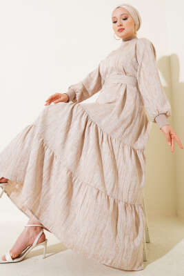 Yaka Ve Kol Ribanalı Elbise Bej - Elbise