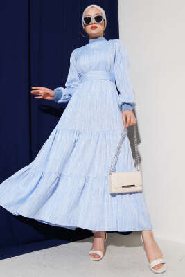 Yaka Ve Kol Ribanalı Elbise Mavi 