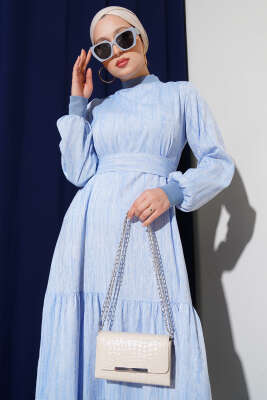 Yaka Ve Kol Ribanalı Elbise Mavi - Elbise