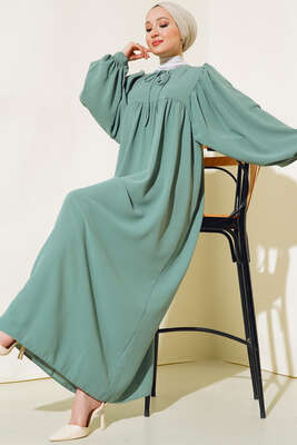 Yakası Bağlamalı Balon Kol Elbise Çağla Yeşil 
