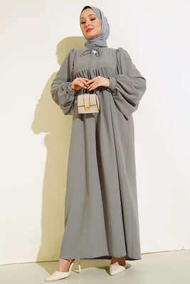 Yakası Bağlamalı Balon Kol Elbise Gri 