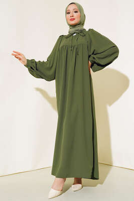 Yakası Bağlamalı Balon Kol Elbise Haki - Elbise