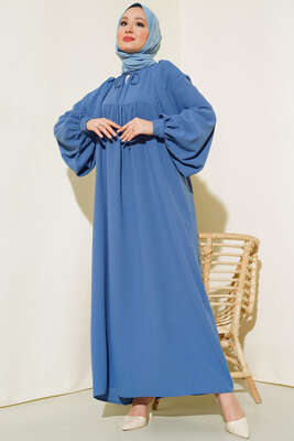 Yakası Bağlamalı Balon Kol Elbise İndigo 