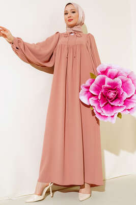 Yakası Bağlamalı Balon Kol Elbise Pudra 