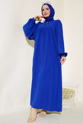 Yakası Bağlamalı Balon Kol Elbise Saks 