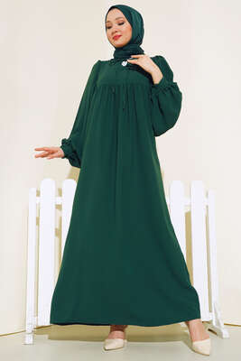 Yakası Bağlamalı Balon Kol Elbise Zümrüt Yeşil 