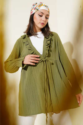 Yakası Fırfırlı Bürümcük Kimono Haki