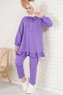 Yakası Fularlı Eflatun İkili Takım