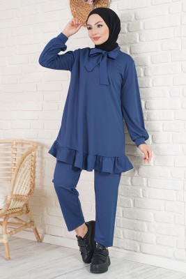 Yakası Fularlı İndigo İkili Takım