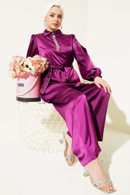 Yakası Taşlı Kuşaklı Saten İkili Takım Mürdüm 