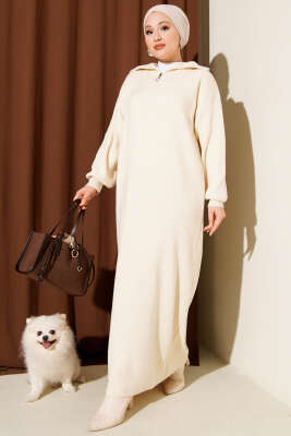 Yakası Yarım Fermuarlı Triko Elbise Taş - KILIÇ TRİKO