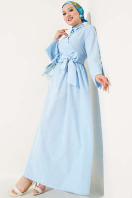 Yan Bağlamalı Yarım Çapraz Düğmeli Elbise Bebe Mavi - Elbise