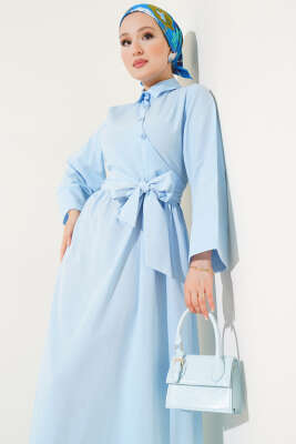 Yan Bağlamalı Yarım Çapraz Düğmeli Elbise Bebe Mavi - Elbise