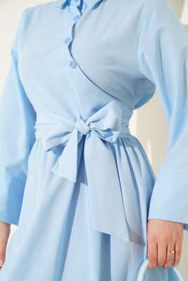 Yan Bağlamalı Yarım Çapraz Düğmeli Elbise Bebe Mavi - Elbise