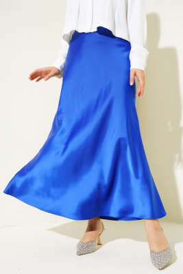 Yan Fermuarlı Saten Etek Saks - ARANLI TEKSTİL