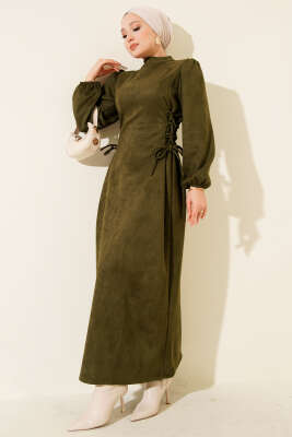Yan İp Bağlamalı Süet Elbise Haki 