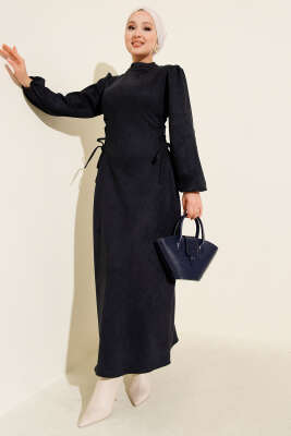 Yan İp Bağlamalı Süet Elbise Lacivert