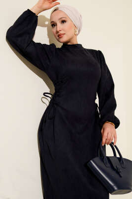 Yan İp Bağlamalı Süet Elbise Lacivert - Elbise