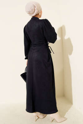 Yan İp Bağlamalı Süet Elbise Lacivert - Elbise