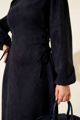 Yan İp Bağlamalı Süet Elbise Lacivert - Elbise