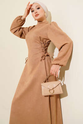 Yan İp Bağlamalı Süet Elbise Latte 