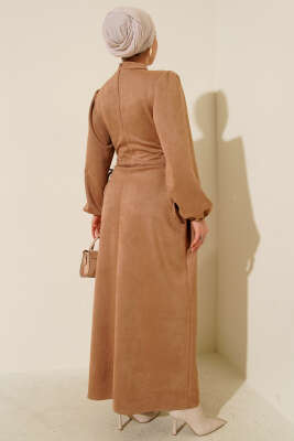 Yan İp Bağlamalı Süet Elbise Latte - Elbise