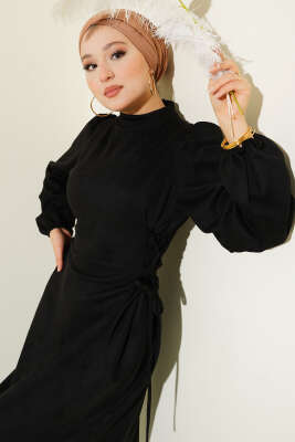 Yan İp Bağlamalı Süet Elbise Siyah - Elbise