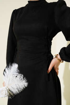 Yan İp Bağlamalı Süet Elbise Siyah - Elbise