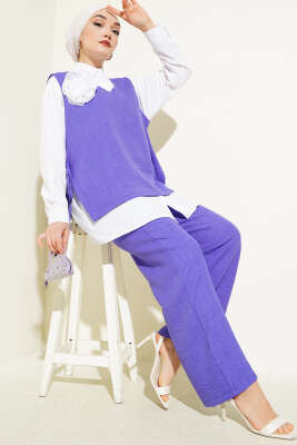 Yan İpli Yelekli Üçlü Takım Lila - DESTİNA