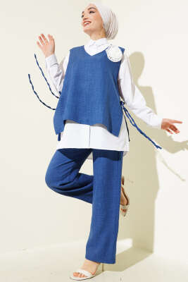 Yan İpli Yelekli Üçlü Takım Mavi - DESTİNA