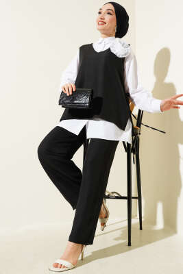 Yan İpli Yelekli Üçlü Takım Siyah - DESTİNA