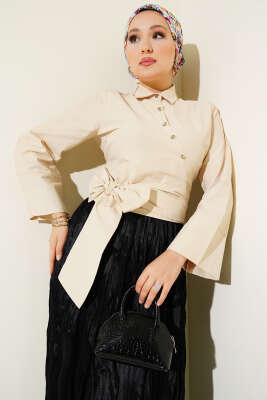 Yandan Bağlamalı Çapraz Düğmeli Kısa Gömlek Bej 