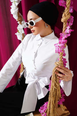 Yandan Bağlamalı Çapraz Düğmeli Kısa Gömlek Beyaz 