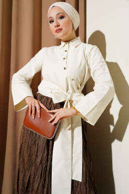 Yandan Bağlamalı Çapraz Düğmeli Kısa Gömlek Krem 